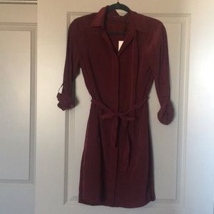 Maroon long sleeve shirt dress with belt